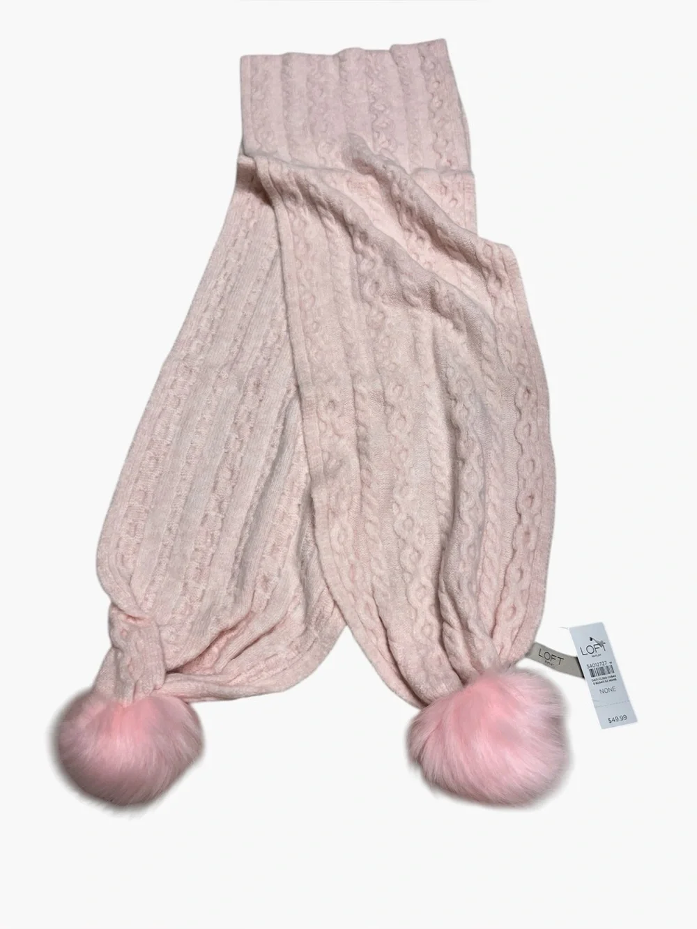 Brand New-LOFT Blush Pink Cable Knit Scarf w/Faux-Fur Poms